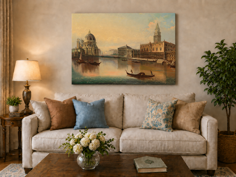 Landscape Oil Painting - Venice Canal, Basilica & Historic