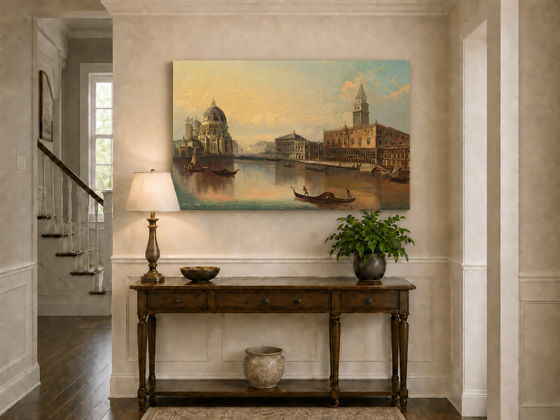 Landscape Oil Painting - Venice Canal, Basilica & Historic