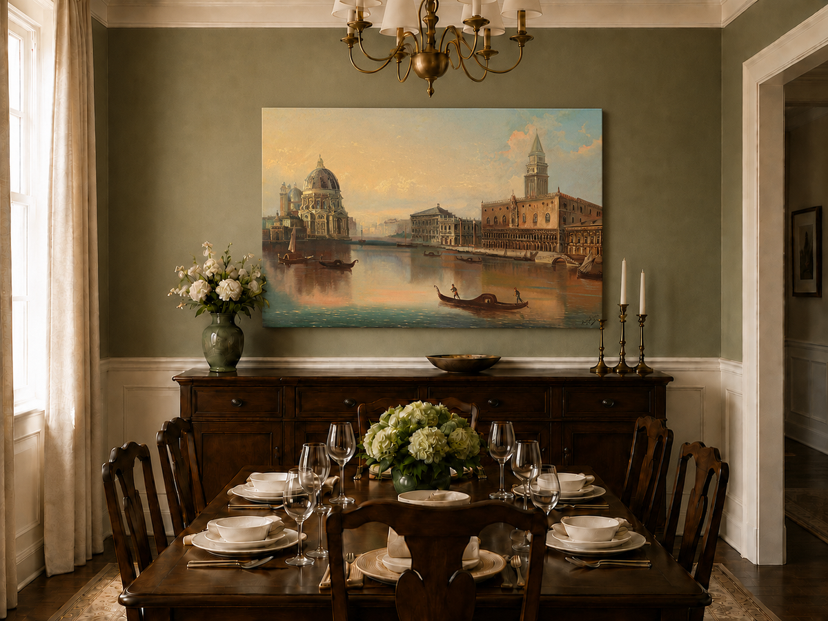Landscape Oil Painting - Venice Canal, Basilica & Historic