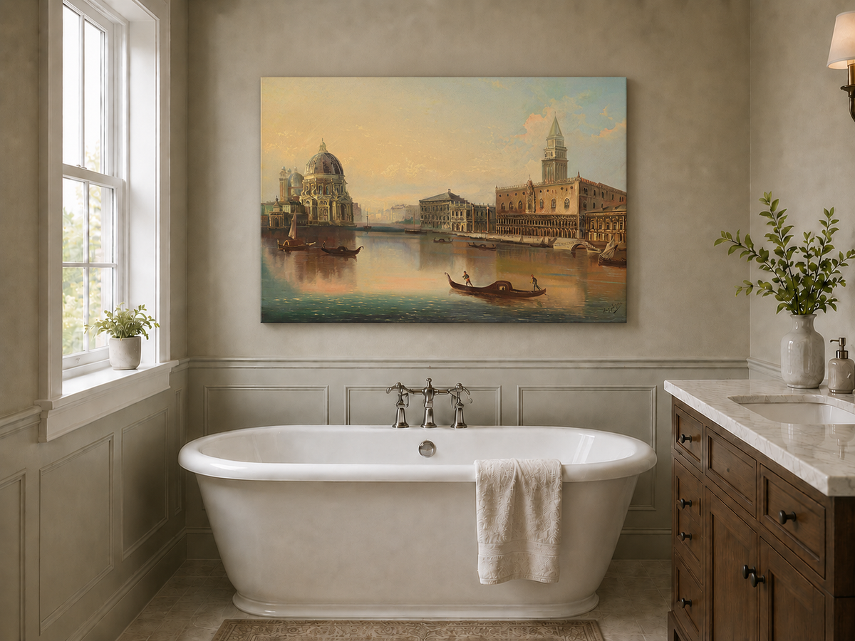 Landscape Oil Painting - Venice Canal, Basilica & Historic