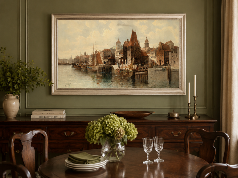 Ölgemälde Landschaft - Historische Hafenstadt