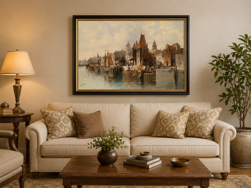 Ölgemälde Landschaft - Historische Hafenstadt