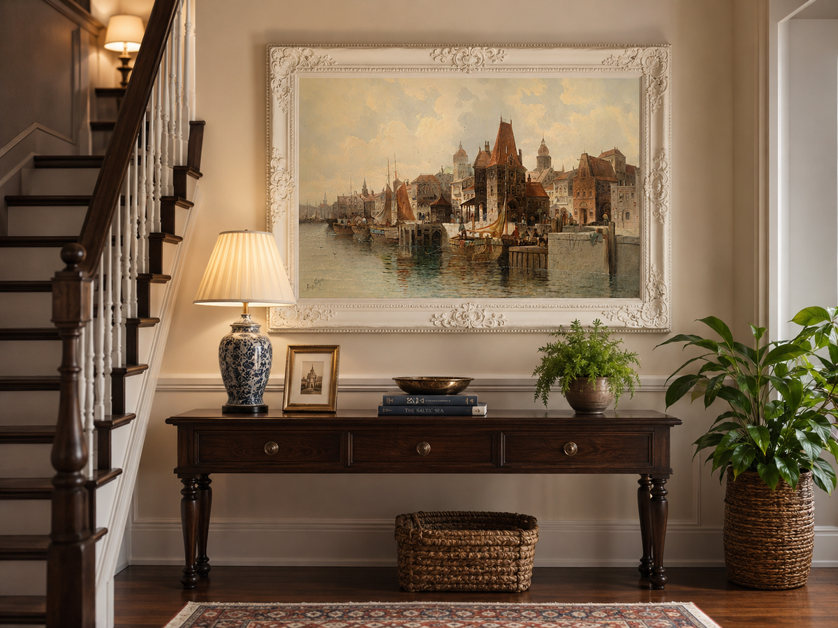 Ölgemälde Landschaft - Historische Hafenstadt