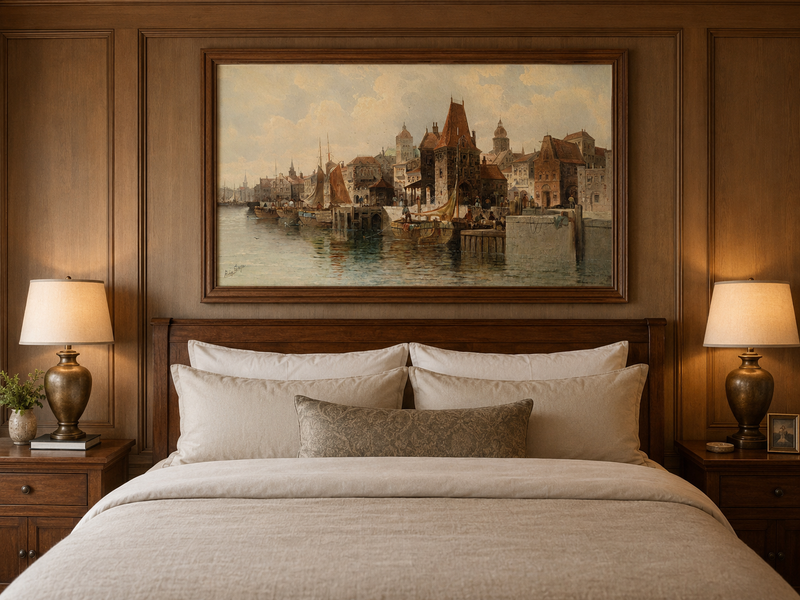 Ölgemälde Landschaft - Historische Hafenstadt