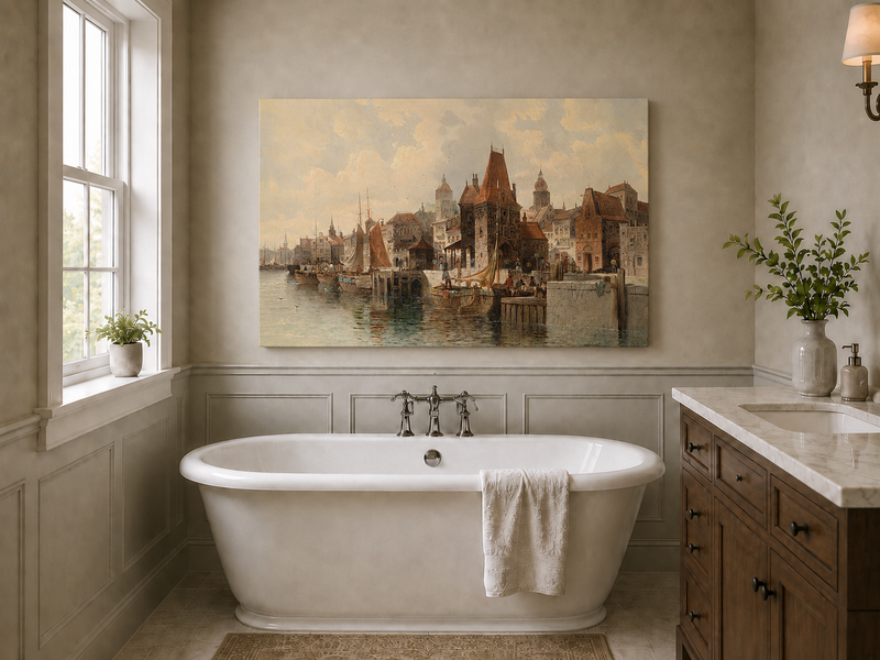 Ölgemälde Landschaft - Historische Hafenstadt