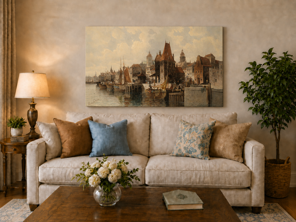 Ölgemälde Landschaft - Historische Hafenstadt