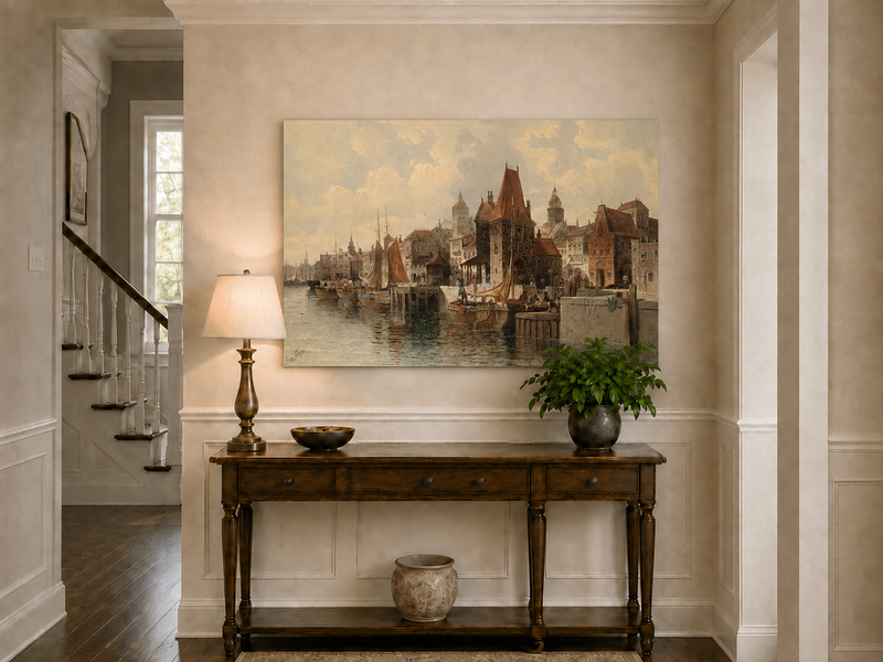 Ölgemälde Landschaft - Historische Hafenstadt