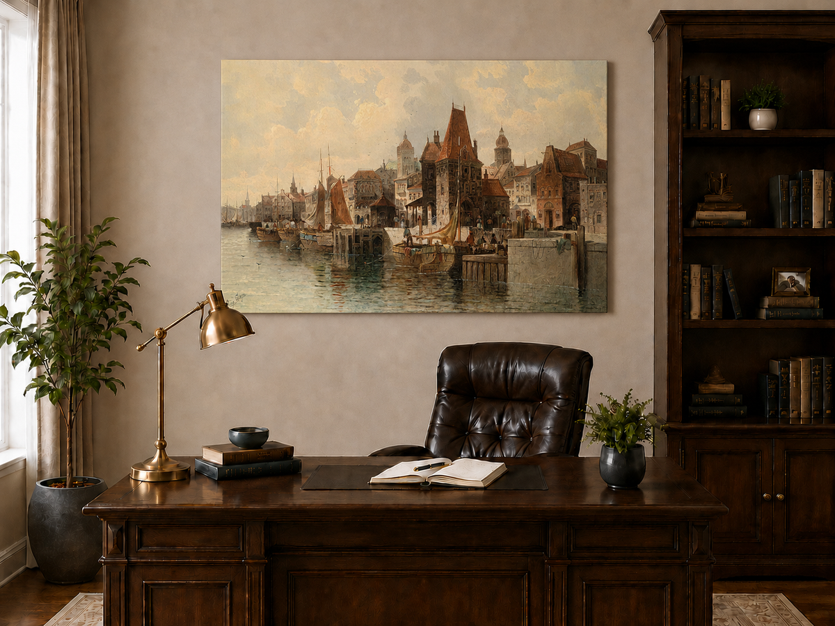 Ölgemälde Landschaft - Historische Hafenstadt