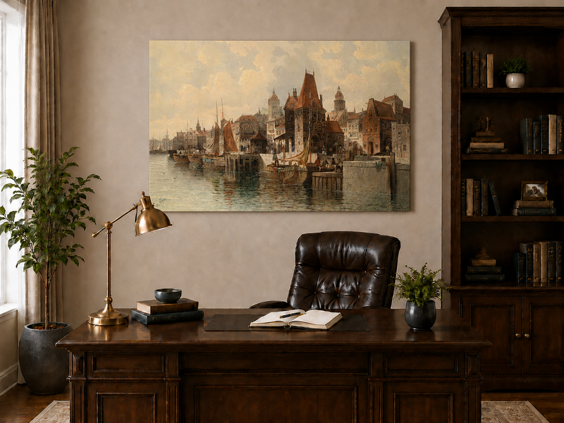 Ölgemälde Landschaft - Historische Hafenstadt