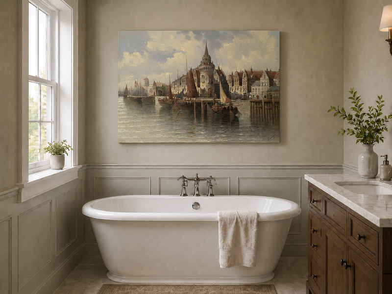 Ölgemälde Landschaft - Hafenstadt mit Turmspitze: Segelschiffe