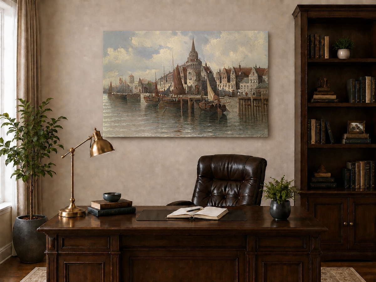Ölgemälde Landschaft - Hafenstadt mit Turmspitze: Segelschiffe