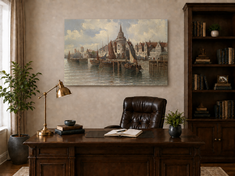 Ölgemälde Landschaft - Hafenstadt mit Turmspitze: Segelschiffe
