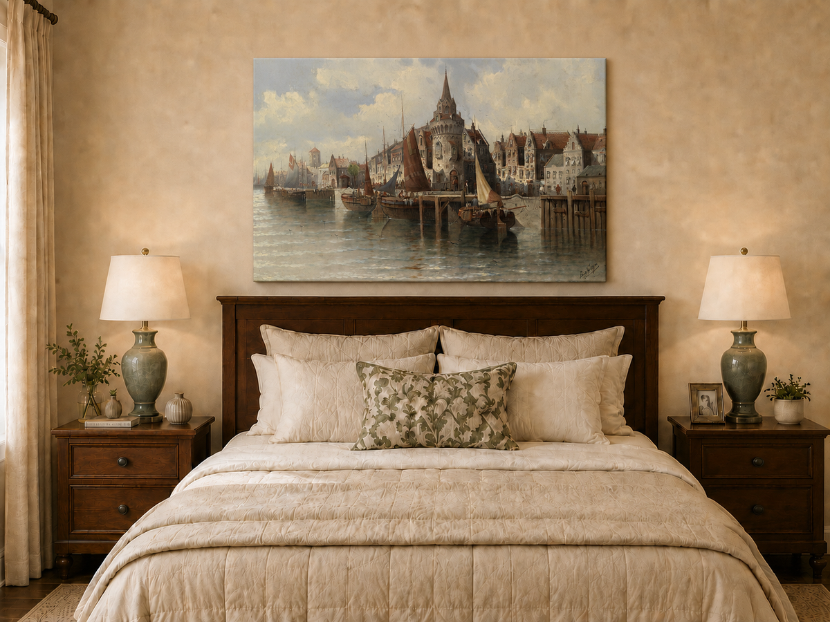 Ölgemälde Landschaft - Hafenstadt mit Turmspitze: Segelschiffe