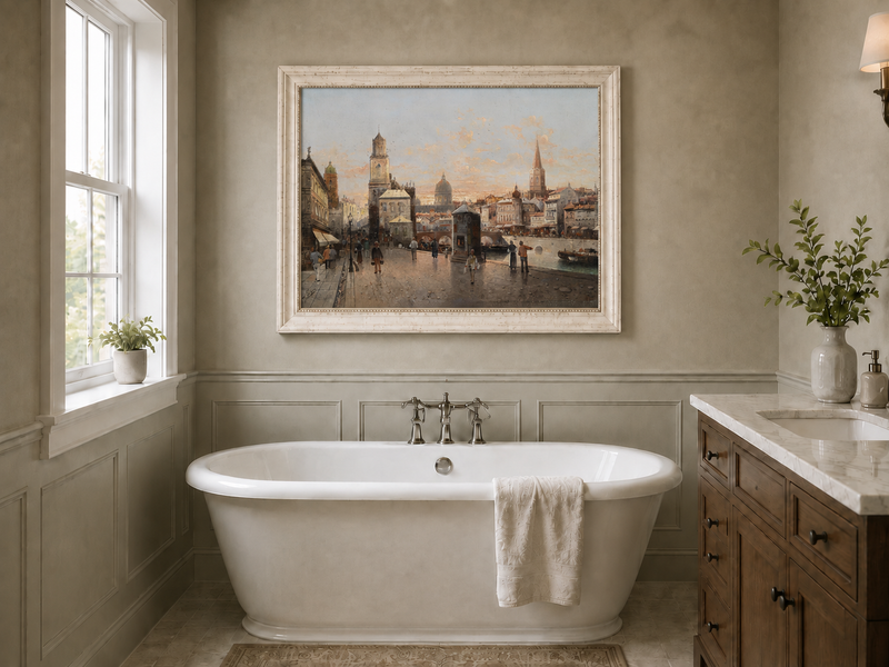 Landscape Oil Painting - Historic City Waterfront