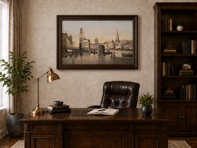 Landscape Oil Painting - Historic City Waterfront