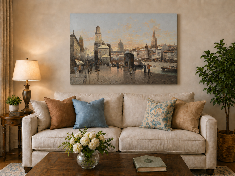 Landscape Oil Painting - Historic City Waterfront
