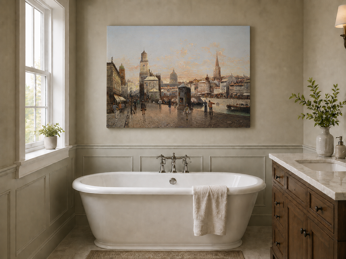 Landscape Oil Painting - Historic City Waterfront