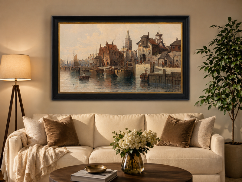 Peinture à l'huile de paysage - Port avec bateaux, bâtiments et personnages