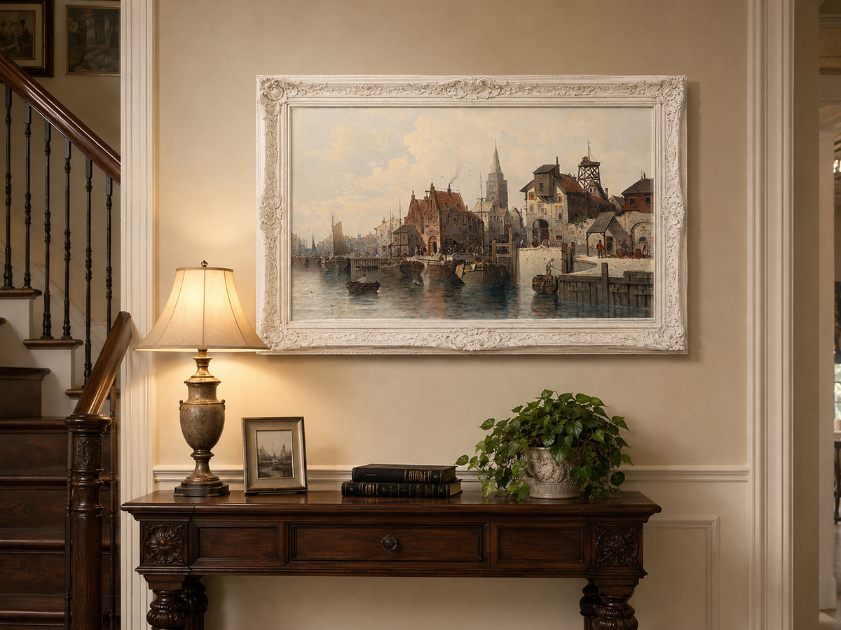 Peinture à l'huile de paysage - Port avec bateaux, bâtiments et personnages