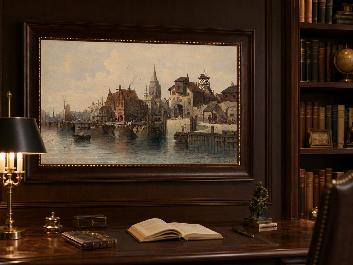 Peinture à l'huile de paysage - Port avec bateaux, bâtiments et personnages