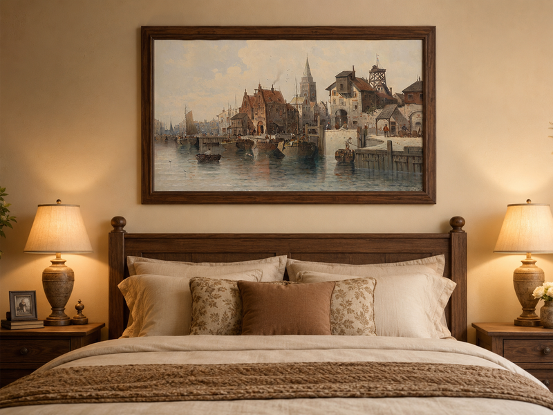 Peinture à l'huile de paysage - Port avec bateaux, bâtiments et personnages
