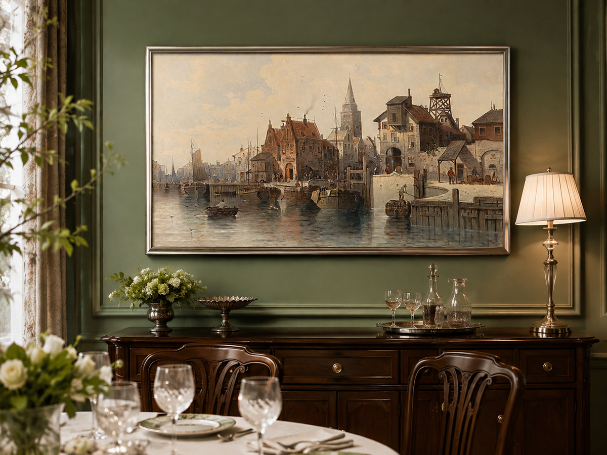Peinture à l'huile de paysage - Port avec bateaux, bâtiments et personnages