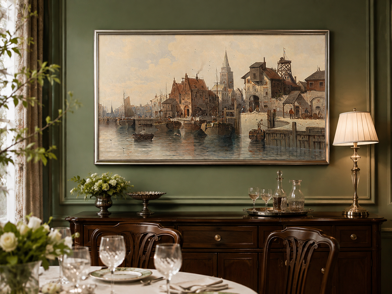 Peinture à l'huile de paysage - Port avec bateaux, bâtiments et personnages