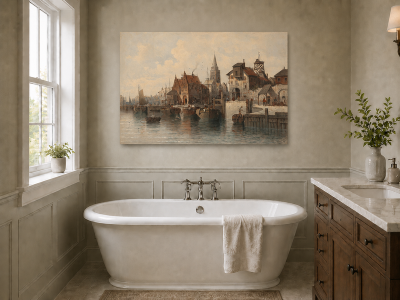 Peinture à l'huile de paysage - Port avec bateaux, bâtiments et personnages