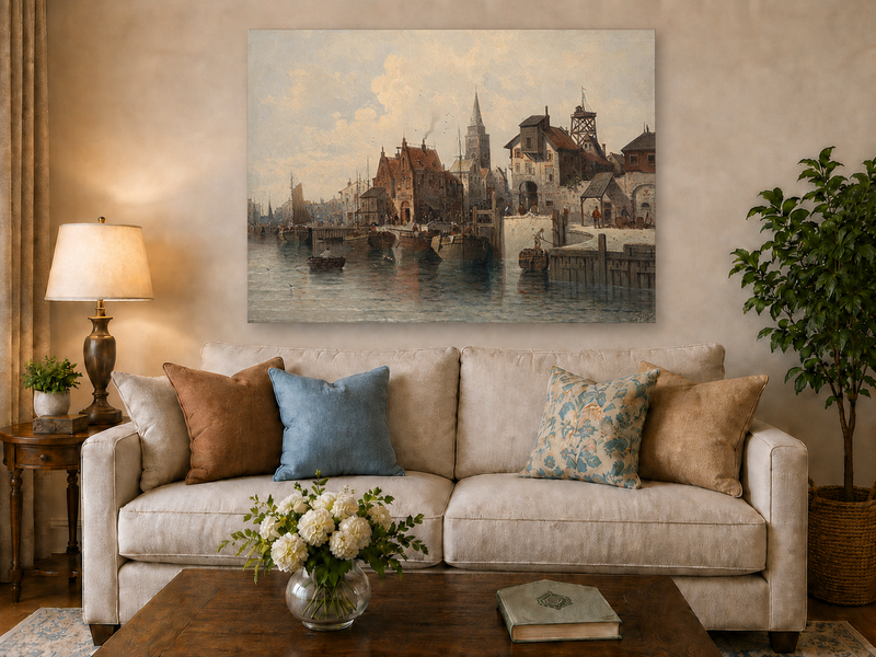 Peinture à l'huile de paysage - Port avec bateaux, bâtiments et personnages