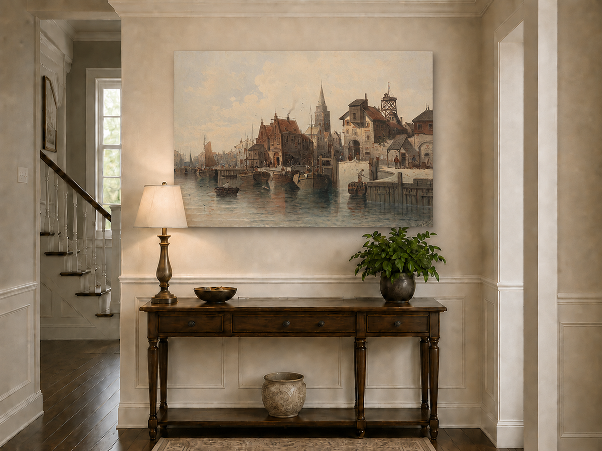 Peinture à l'huile de paysage - Port avec bateaux, bâtiments et personnages