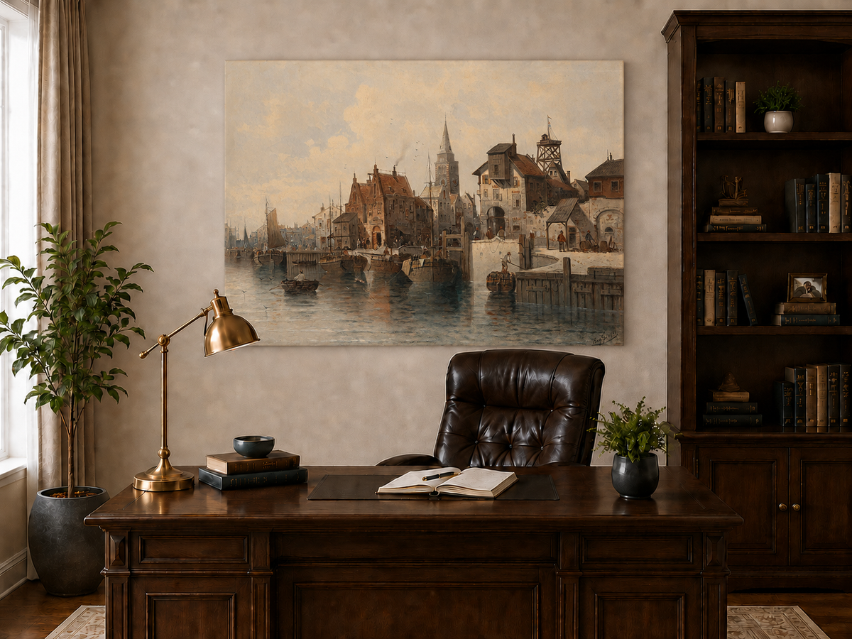 Peinture à l'huile de paysage - Port avec bateaux, bâtiments et personnages