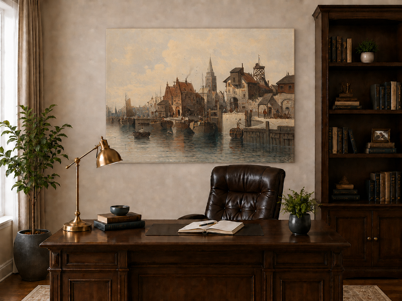 Peinture à l'huile de paysage - Port avec bateaux, bâtiments et personnages