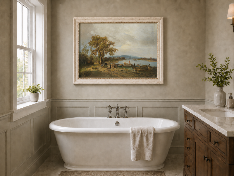 Landscape Oil Painting - Riverside Ferry and Country Landing