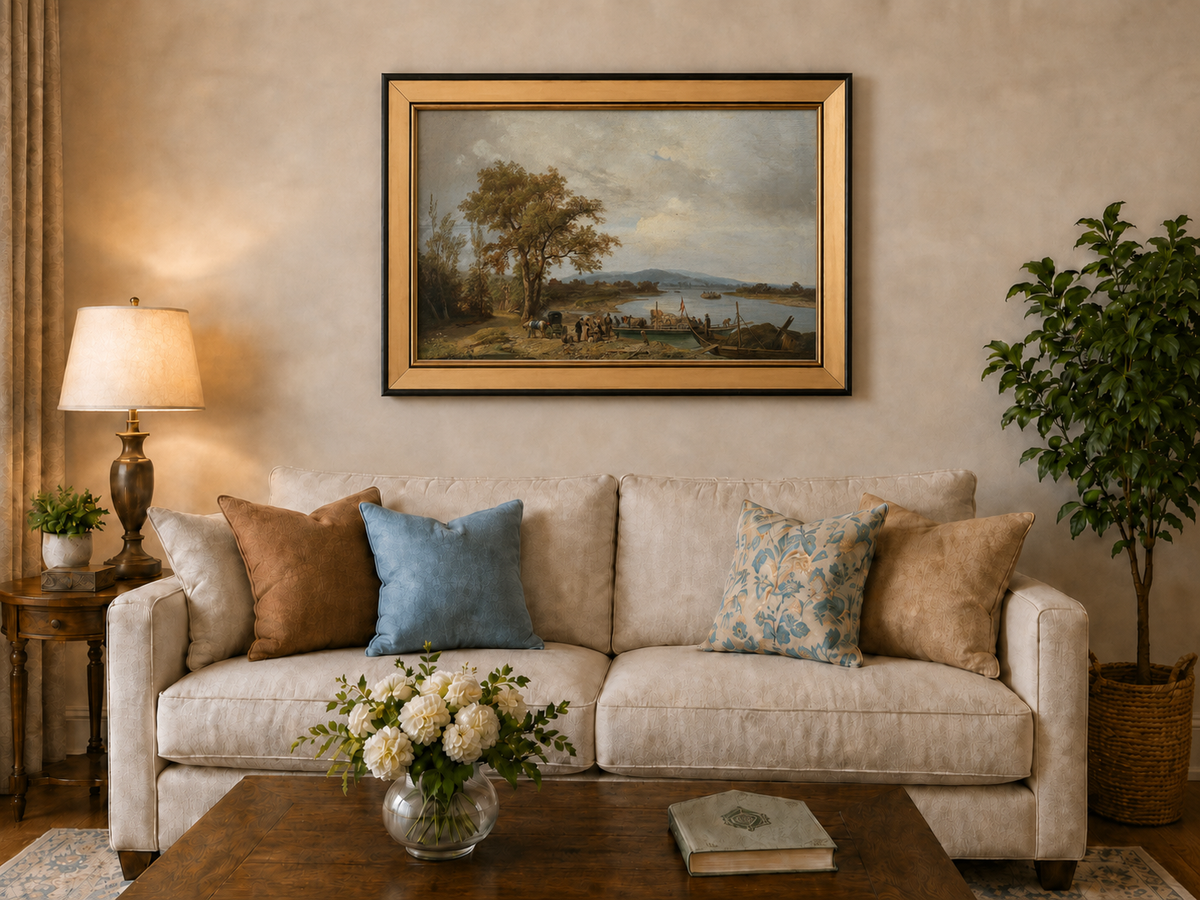Landscape Oil Painting - Riverside Ferry and Country Landing