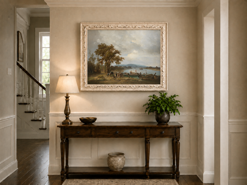 Landscape Oil Painting - Riverside Ferry and Country Landing