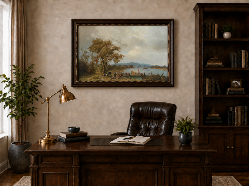 Landscape Oil Painting - Riverside Ferry and Country Landing