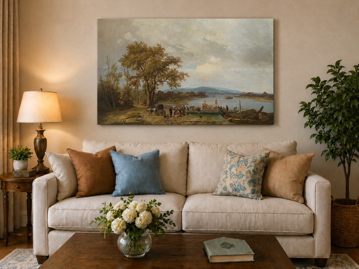 Landscape Oil Painting - Riverside Ferry and Country Landing