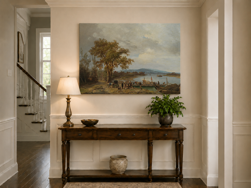 Landscape Oil Painting - Riverside Ferry and Country Landing