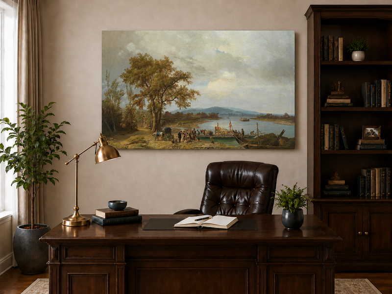 Landscape Oil Painting - Riverside Ferry and Country Landing