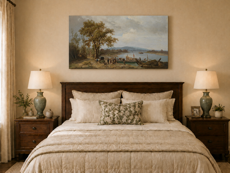 Landscape Oil Painting - Riverside Ferry and Country Landing