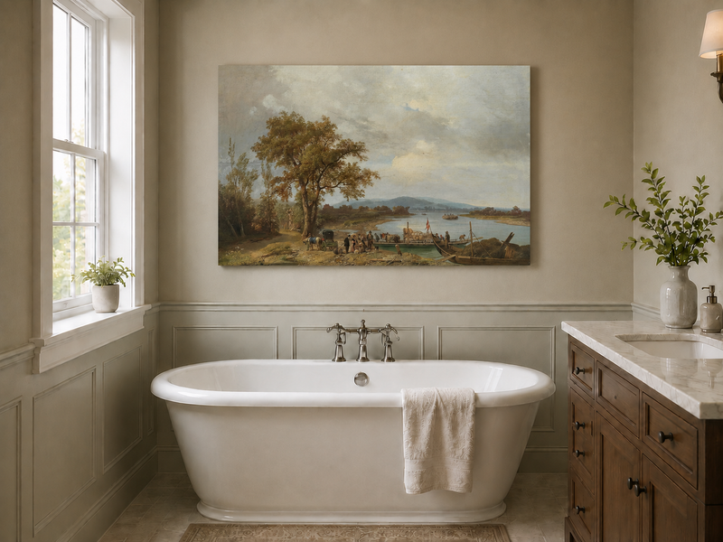 Landscape Oil Painting - Riverside Ferry and Country Landing