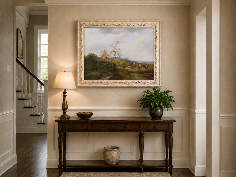 Landschaftsgemälde in Öl – Winterliche Flusslandschaft mit Figuren und Pferden