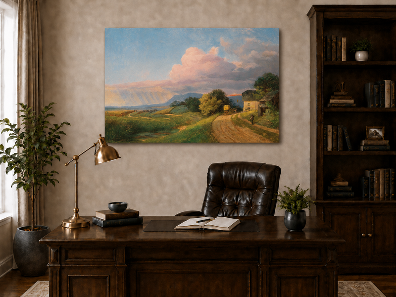 Landscape Oil Painting - Country Road and Farmhouse at Sunset