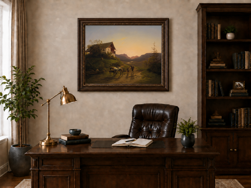 Peinture à l'huile de paysage - Coucher de soleil sur une ferme alpine, cheval, personnages