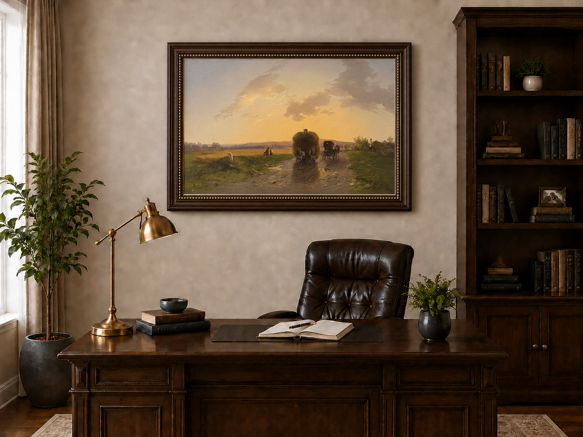 Peinture à l'huile de paysage - Route rurale en soirée et charrette de foin