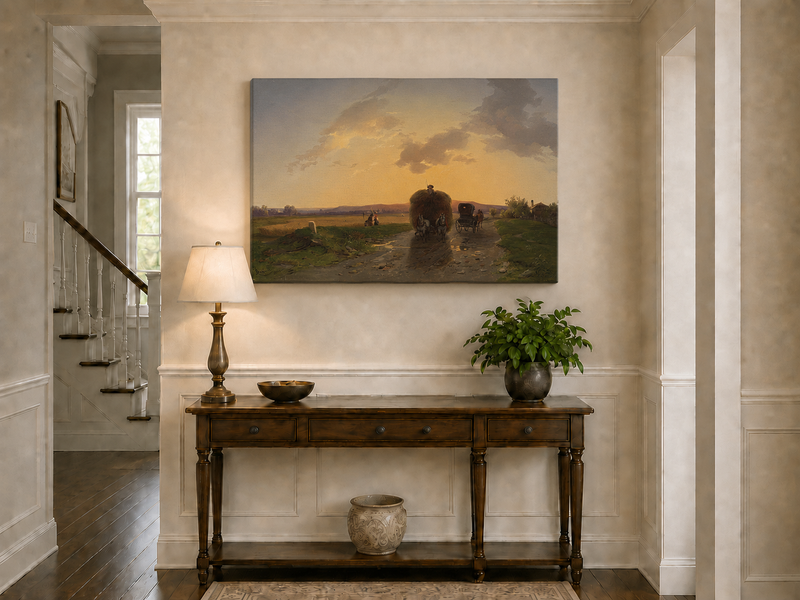 Peinture à l'huile de paysage - Route rurale en soirée et charrette de foin