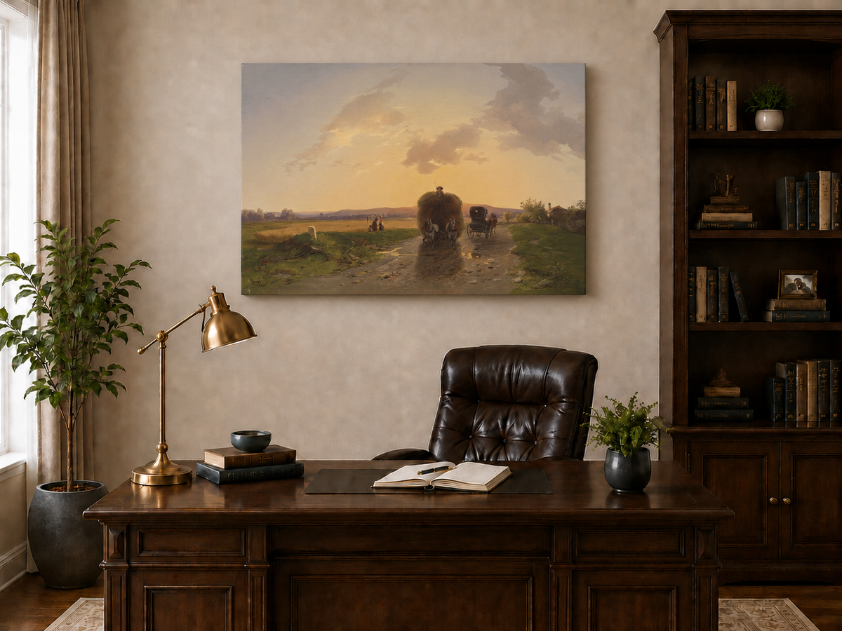 Peinture à l'huile de paysage - Route rurale en soirée et charrette de foin