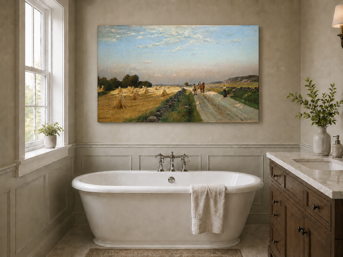 Landscape Oil Painting - Harvest Field Road with Horse Cart