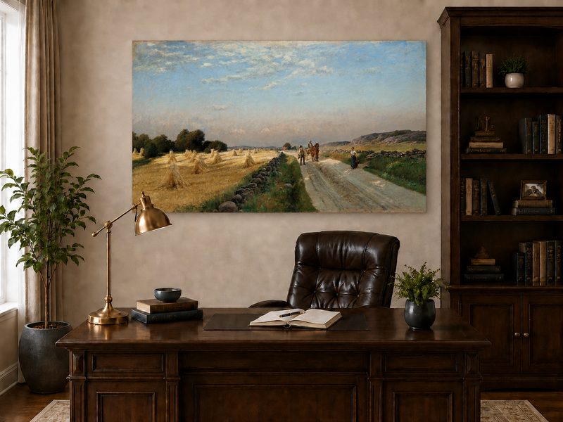 Landscape Oil Painting - Harvest Field Road with Horse Cart