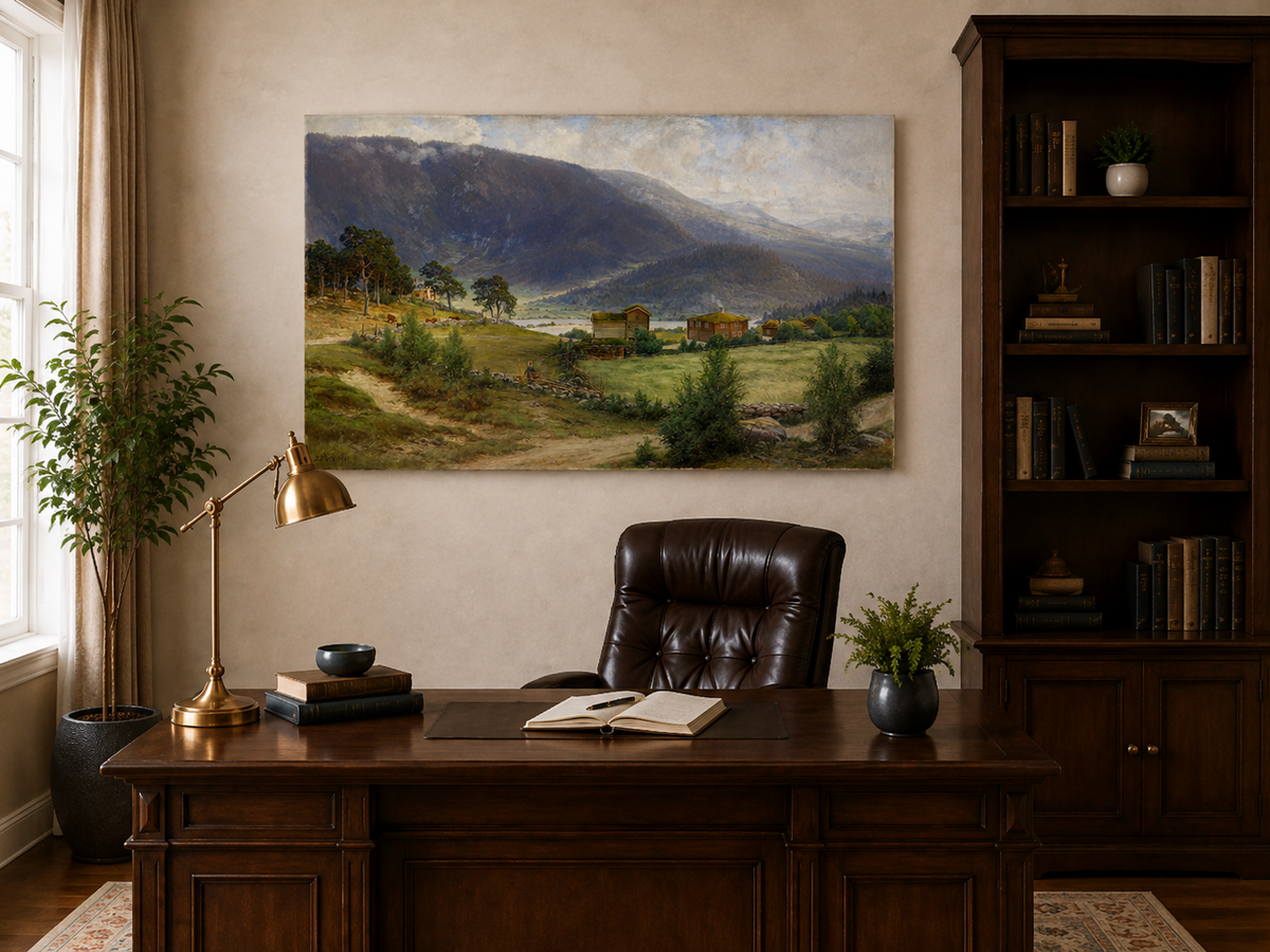 Landscape Oil Painting - Norwegian Valley Farm and Mountain Lake